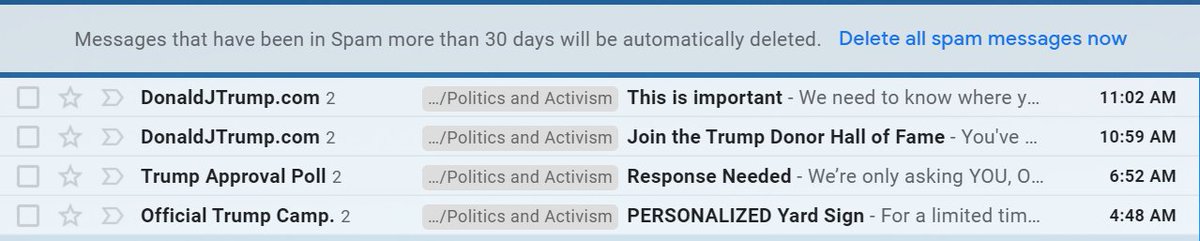 OGreenius's tweet image. So far Team Trump has sent me 5 emails in the past 24hrs (one just came in, the others were deleted earlier when I took this screenshot). Do his supporters really put up with this kind of deluge? 🤮
#TrumpSpam #SpamKing #politicalbullshit