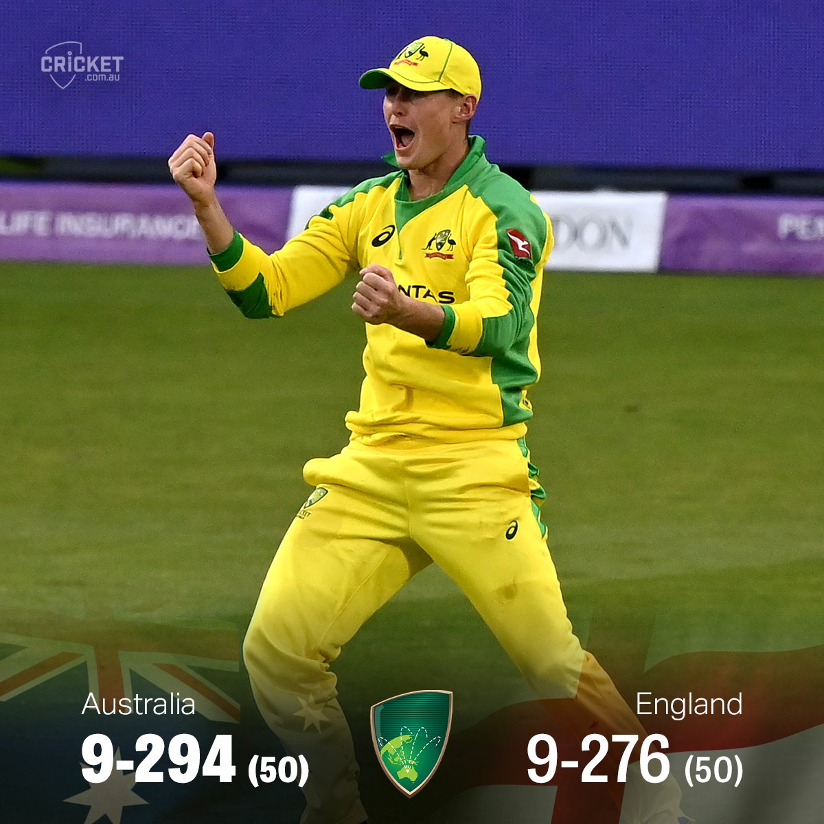 cricketcomau's tweet photo. AUSTRALIA WIN! 

The first #ENGvAUS ODI goes the way of the visitors, winning by 19 runs. 

SCORECARD: https://t.co/eZO4G0lRLC https://t.co/me1MO5Iwn4