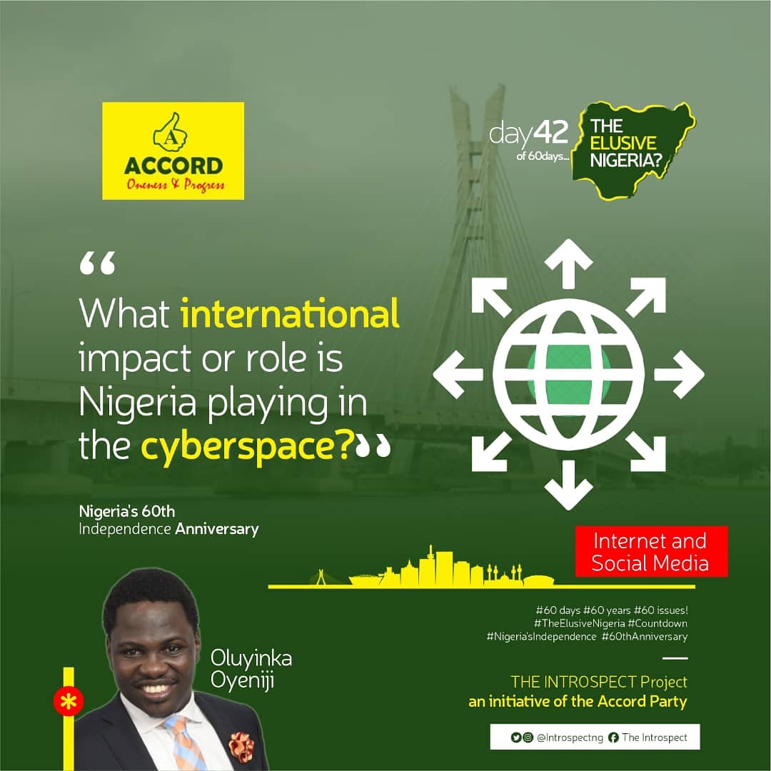 OluOfLagos23's tweet photo. Day 42 - #Internet
What international impact or role is Nigeria playing in the cyberspace?
#TheElusiveNigeria
#60years
#60days
#60issues
#Nigeria π³π¬
#TheCountdown https://t.co/i94hSpWkM6