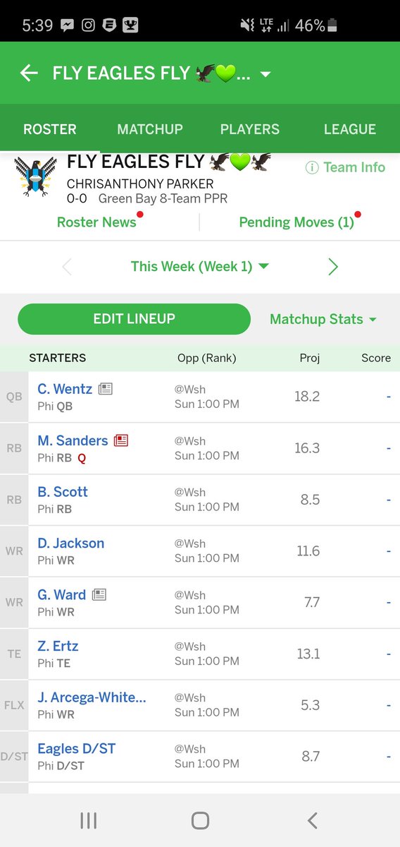 I'm ready to dominate my League. What y'all think? Also <a href="/jake_elliott22/">Jake Elliott</a> is my kicker i also got <a href="/JalenHurts/">Jalen Hurts</a> &amp; <a href="/jalenreagor/">Reag</a> . I'm gonna win every week. 🤗🦅💚🦅🏈 #FlyEaglesFly #eagles #philadelphiaeagles #fantasysports #goodmorningfootball #nflsunday