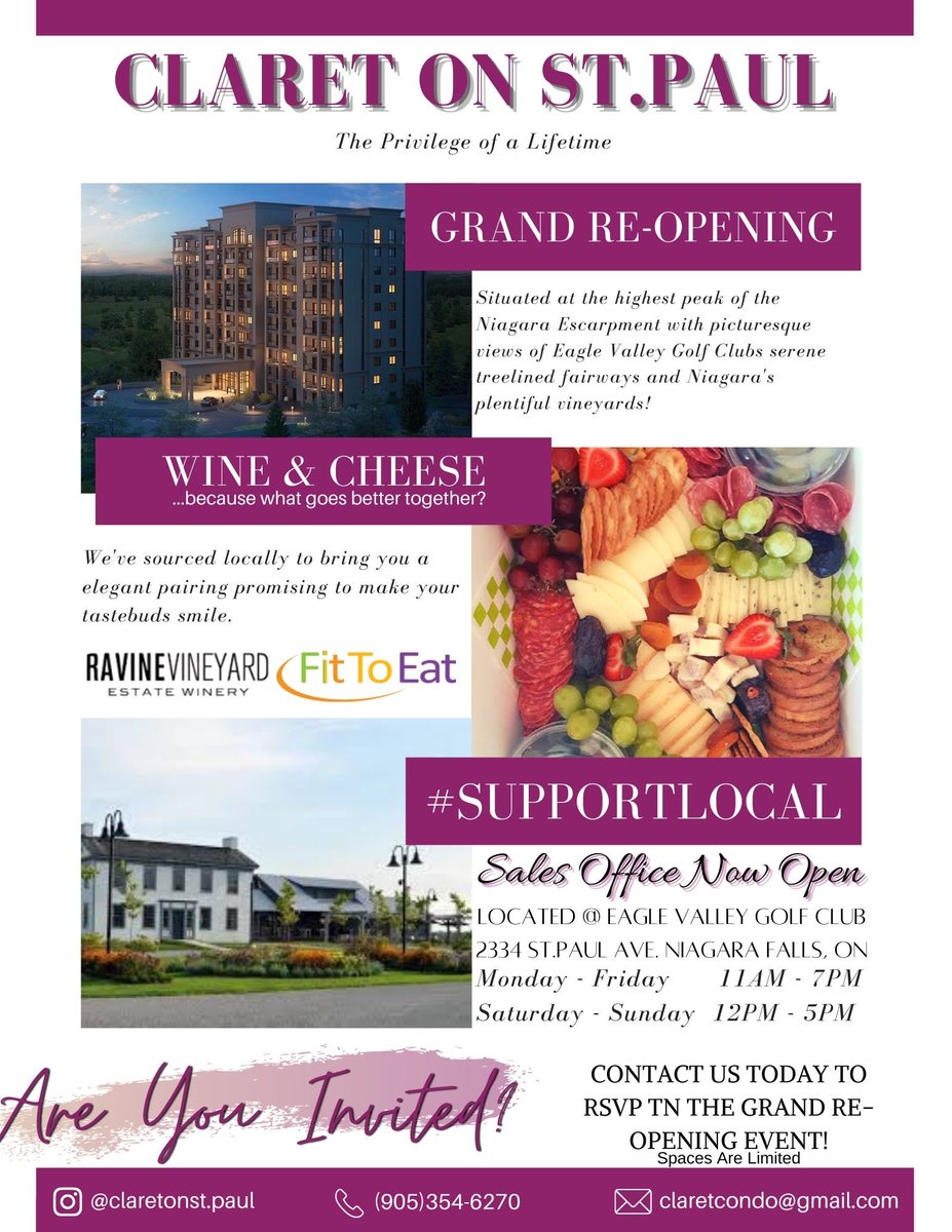 ￼
JOIN US AT THE OFFICIAL CLARET ON ST.PAUL GRAND RE-OPENING EVENT! - GET ON THE LIST? CONTACT TO RSVP!
#claret #claretonstpaul #niagarafalls #winecountry #yhsgr #luxuryhomes #realtor #realestate #invest #golf #eaglevalley #newlisting #priorityaccess #grandreopening #luxury