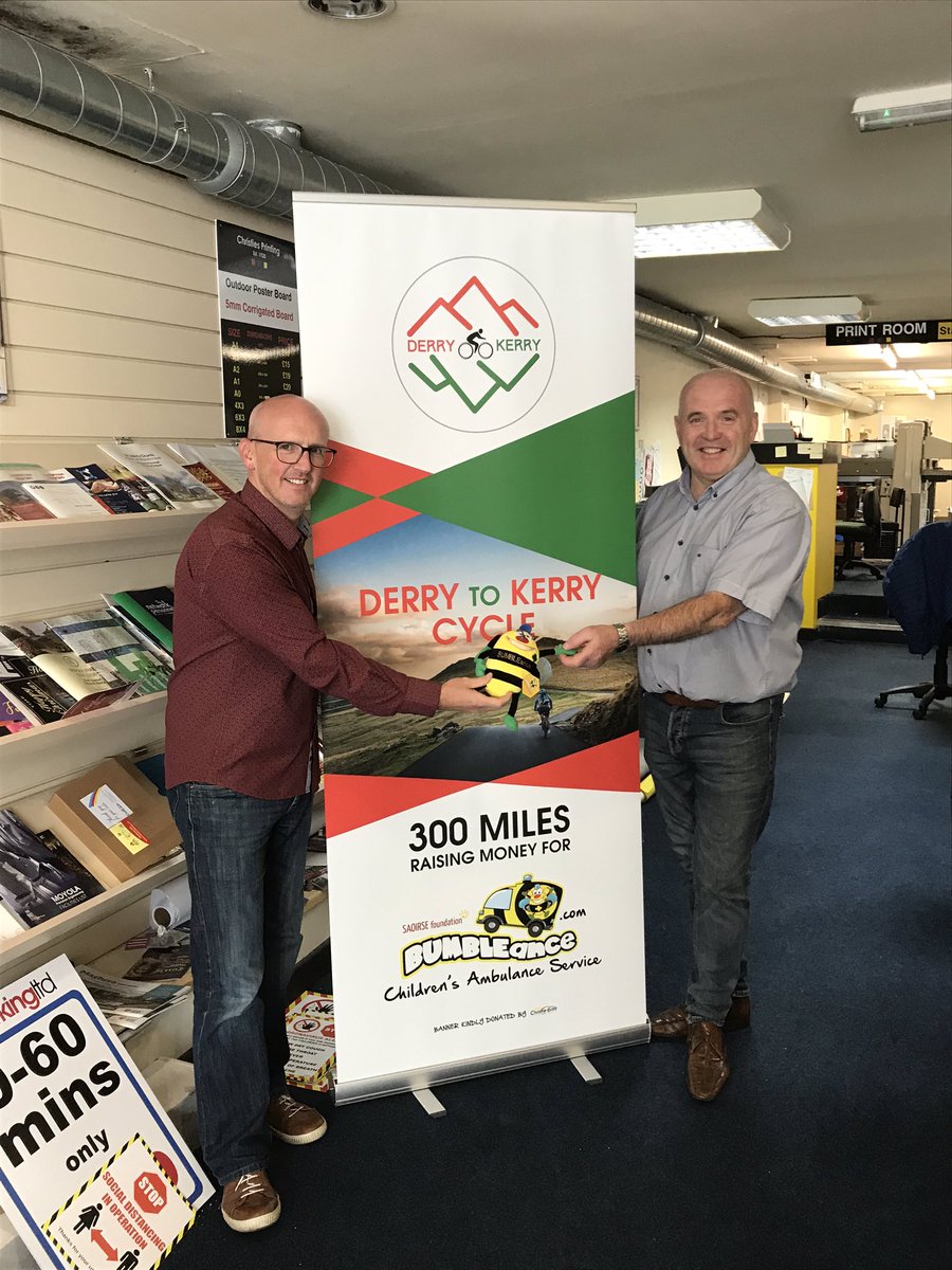 DerrytoKerry's tweet photo. Many thanks to Gerry and the team at Christie Print in Magherafelt for their kind donation of this amazing banner for our .@BUMBLEance charity cycle tomorrow .@doyler_n https://t.co/egQ4w6CyT2