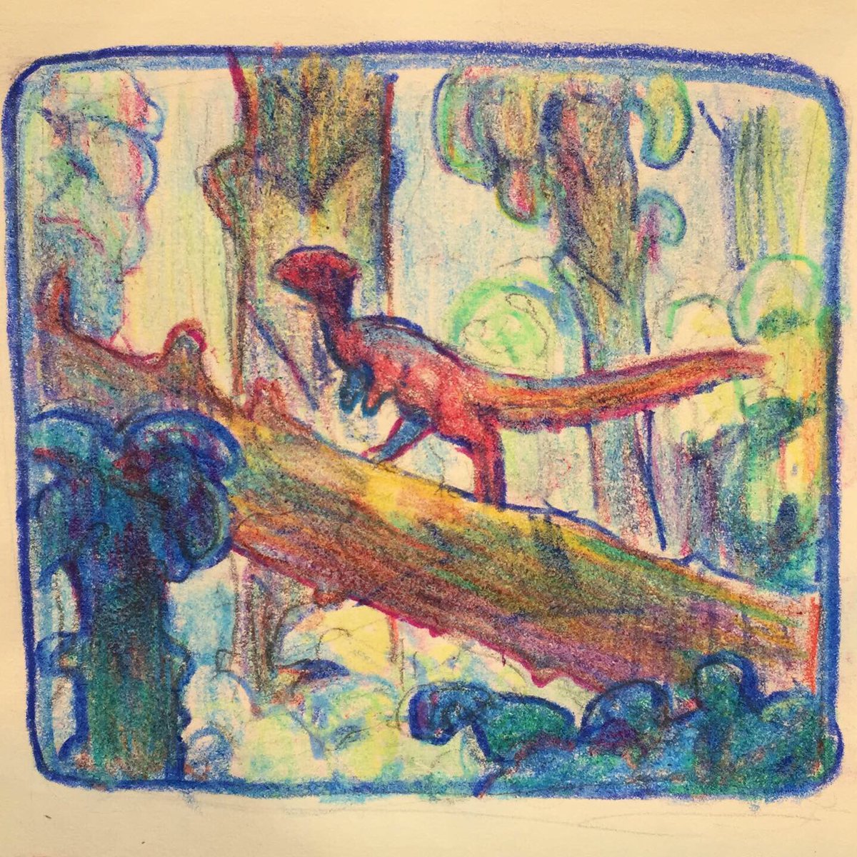 I've been making little thumbnails in crayon and color pencil after work in my sketchbook. Making more tactile art and with such low commitment materials has honestly been something I've been finding really centering in the midst of these hazy days in CA 