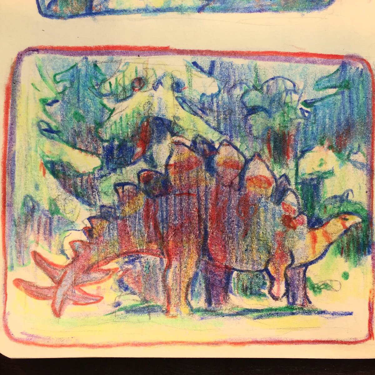 I've been making little thumbnails in crayon and color pencil after work in my sketchbook. Making more tactile art and with such low commitment materials has honestly been something I've been finding really centering in the midst of these hazy days in CA