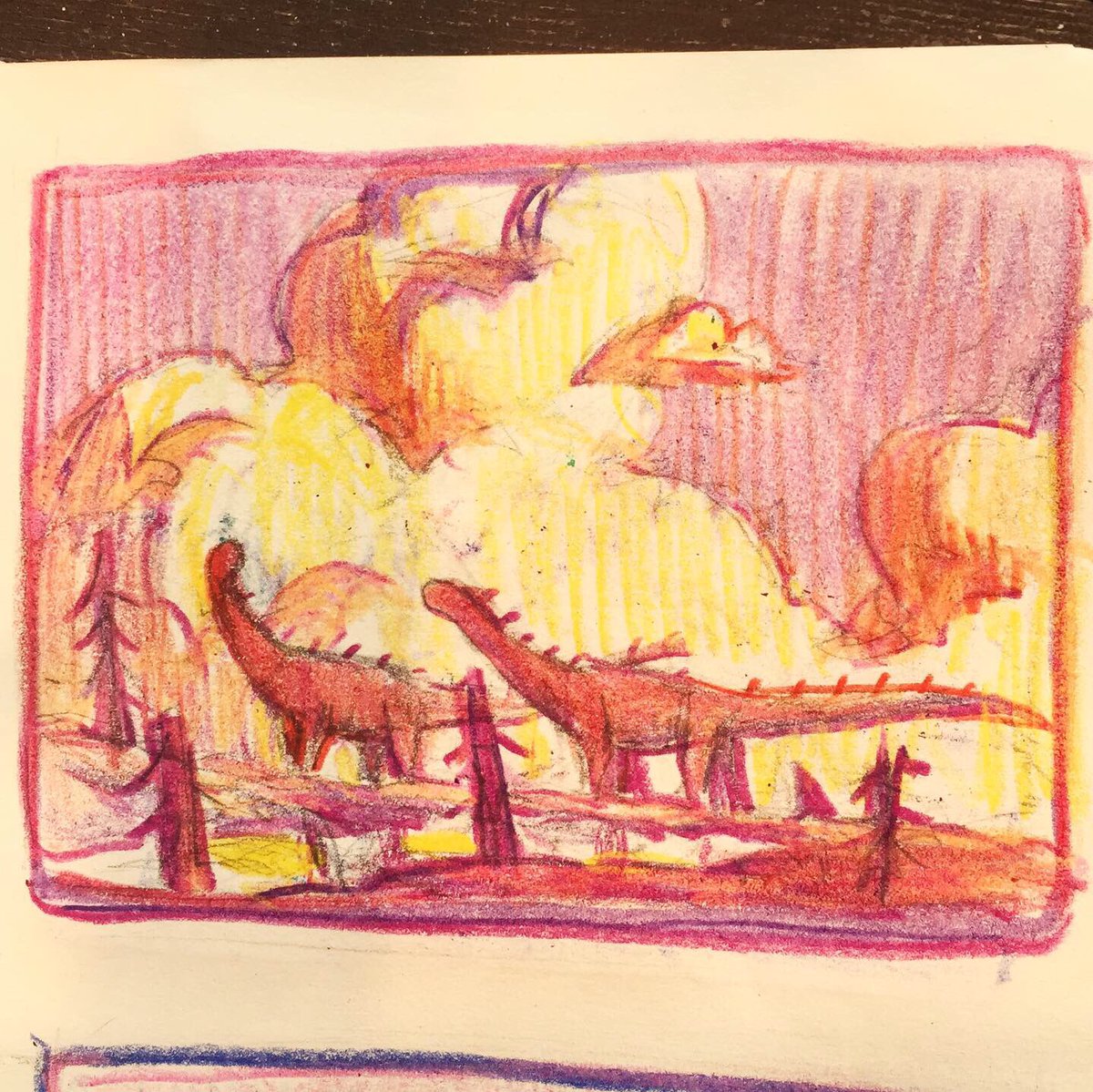 I've been making little thumbnails in crayon and color pencil after work in my sketchbook. Making more tactile art and with such low commitment materials has honestly been something I've been finding really centering in the midst of these hazy days in CA 