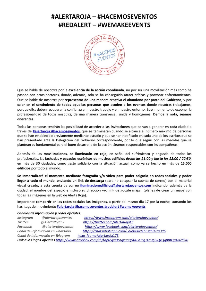 pasioneventos's tweet photo. TODO UN SECTOR, UNA ÚNICA UNIÓN - 17S #VALLADOLID 
🚨🚨

Nosotros ya nos hemos inscrito para participar en la movilización de nuestra ciudad y TÚ?
👉🏻 https://t.co/lMn49EEx38 

LA CULTURA está en #AlertaRoja #REDALERT 
#hacemoseventos #WeMakeEvents 
@AlertaRojaES https://t.co/NQ22txtgHM