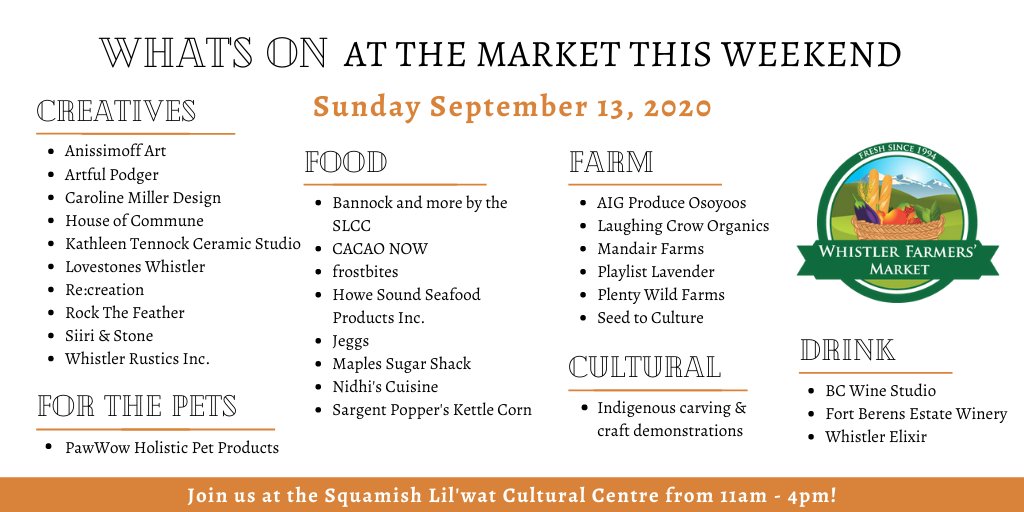 It's almost market day - check out our awesome vendor lineup for this Sunday. Like this post if you're planning on stopping by! #Whistler #WhistlerFarmersMarket #WhistlerWeekend