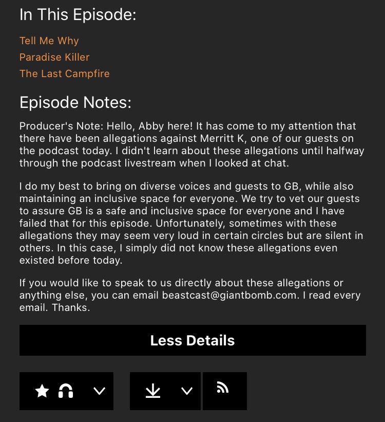 Hmmmmm hiding your acknowledgment of Merritt K’s history in a “show details” tab, not even the show notes, seems a bit... shitty.