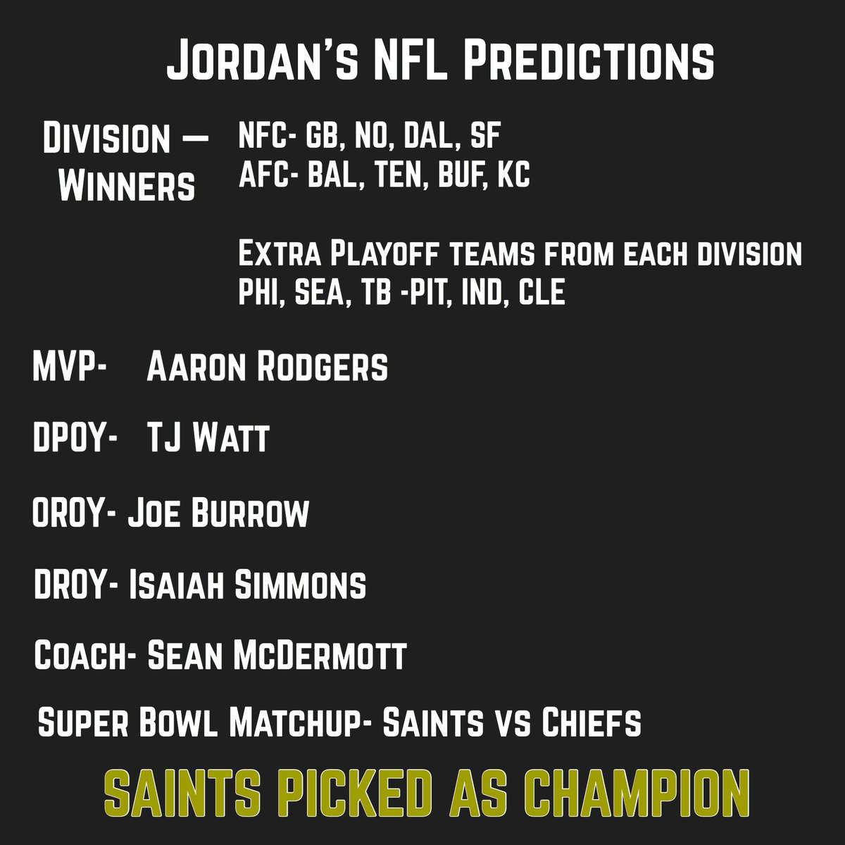 nfldraftjunk's tweet photo. Our #NFL predictions are officially out there! We don’t agree often but when we do, watch out! We believe the #Saints are setup for a special season! What do ya think #NFLTwitter?! #DraftJunkies https://t.co/TpYXV79T5y