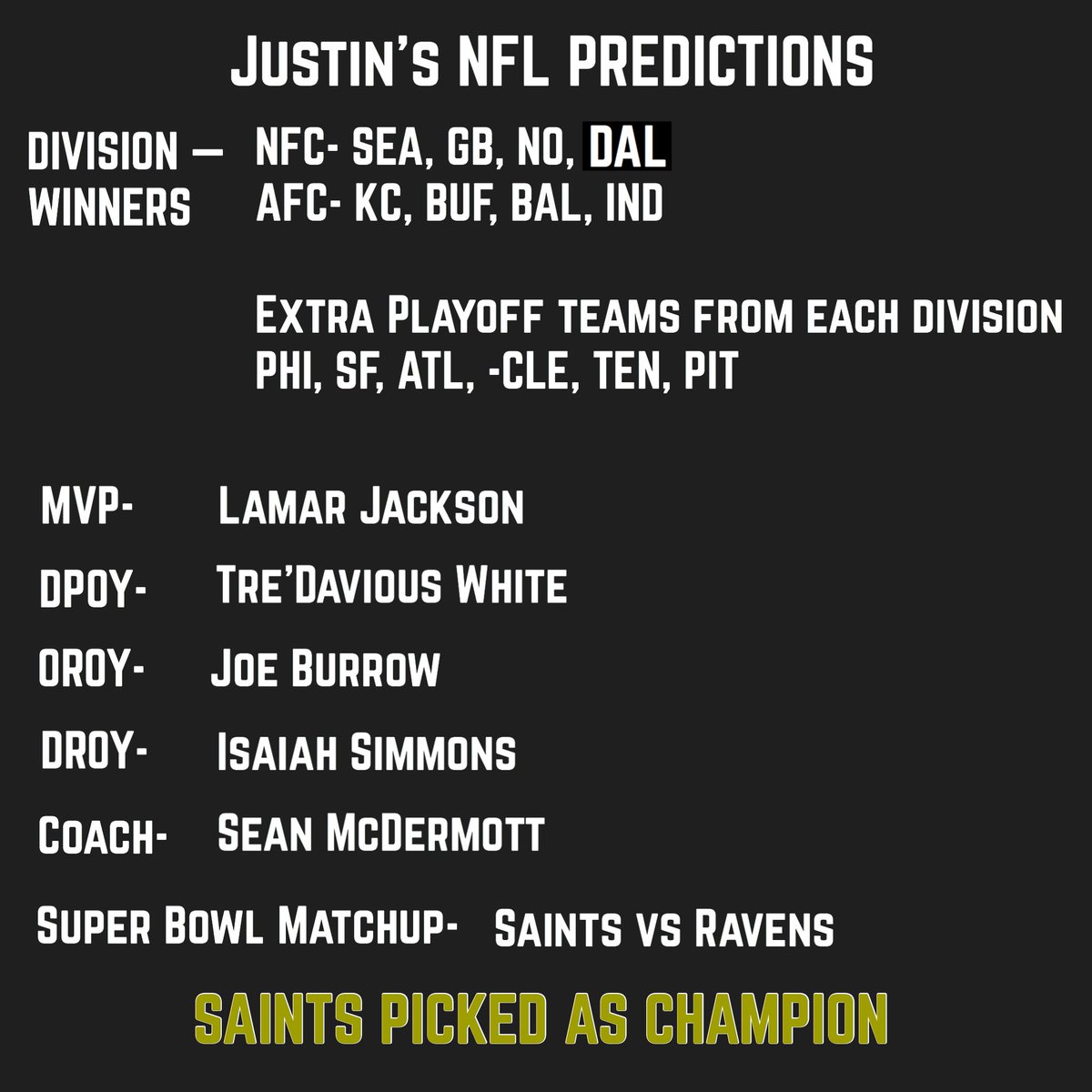 nfldraftjunk's tweet photo. Our #NFL predictions are officially out there! We don’t agree often but when we do, watch out! We believe the #Saints are setup for a special season! What do ya think #NFLTwitter?! #DraftJunkies https://t.co/TpYXV79T5y