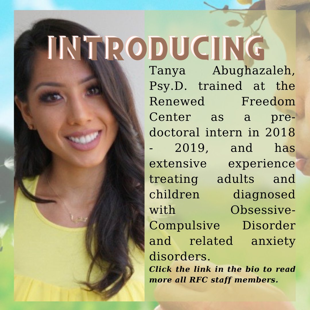 RenewedFreedom's tweet photo. To schedule a Complimentary Phone Consultation with Tanya Abughazaleh email us at info@RenewedFreedomCenter.com or 310-268-1888. Click on the link in the bio to read more about our team members.   #ocd #anxiety #gotocd #gotanxiety https://t.co/il9NvIfI0e
