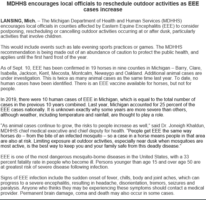 LukeStier's tweet photo. BREAKING: The state recommends not holding outdoor activities in the evening in counties with EEE cases. That includes Kent, Barry, Montcalm &amp; Newaygo counties. High school football games are scheduled to kickoff next Friday at 7pm. @WOODTV https://t.co/82qbnp5fNL