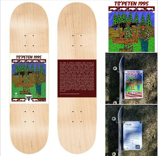 It's official: pre-order your Gord Hill/Graphic History Collective/Colonialism Skateboards collaboration deck featuring the #RememberResistRedraw poster about Ts'Peten 1995 (Gustafsen Lake Standoff) + anti-Indigenous racism and police violence. Contact: colonialism.ca