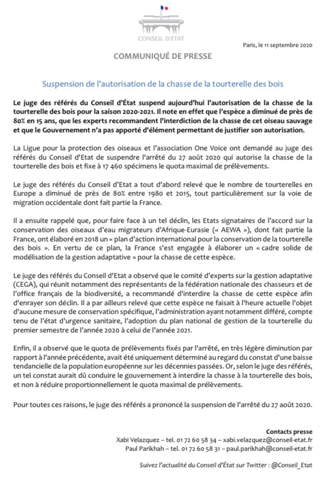 ⛔️ Le Conseil d’Etat stoppe la chasse de la Tourterelle des Bois.