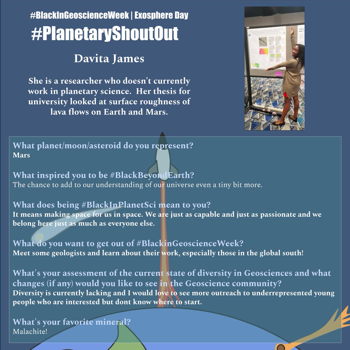 BlkinGeoscience's tweet photo. This #PlanetaryShoutOut goes out to @VolcanoDavi! #BlackinGeoscienceWeek #BlackBeyondEarth #BlackInPlanetary #BlackAndNotEarthbound #BlackInAstroGeo #BlackInSpace #BlackInAstrogeology #BlackInPlanetSci https://t.co/yGH00LohaP