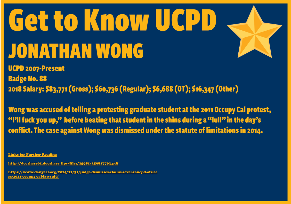 "I'll fuck you up!" UCPD officer Jonathan Wong told a graduate student during a lull in the 2011 Occupy UCB protests. And then he did (pg. 33 below)  #statuteoflimitations  #acaberkeley  http://docshare01.docshare.tips/files/25981/259817792.pdf