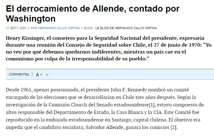 Son increíbles las similitudes de la Operación Condor con la actualidad.Financiación de EEUU para comprar políticos, medios de comunicación, aliados de Allende.Guerra psicológica, campañas masivas de información falsa, odio y miedo... lean:  https://blogs.mediapart.fr/hernando-calvo-ospina/blog/110920/el-derrocamiento-de-allende-contado-por-washington