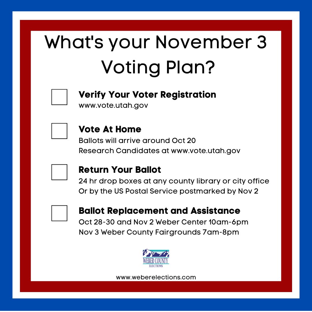 WeberElections's tweet photo. The General Election is fast approaching, what is your plan to participate? Are you ready? https://t.co/3OW4rYjHRf #generalelection #weberelections #facts #electionsutah #utahelections #webercounty #stilluntamed #elections2020 #voterregistration #utahvotesbymail #votebymail https://t.co/IBZVrBQTHM