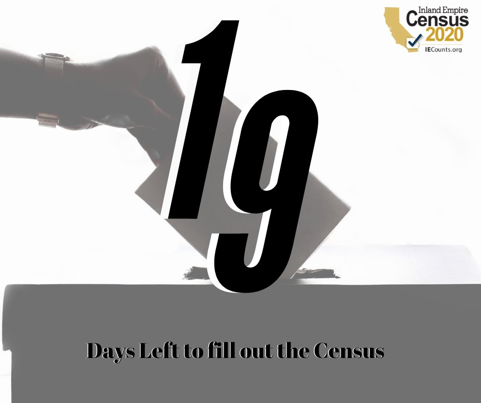 We have 19 days left to invest in our future &amp; complete the #2020Census for community funding!
Don’t delay! Fill out your form today at my2020census.gov, by calling 844-330-2020 or by mail. #IECounts #2020Census #Census #HasmeContar #CountMeIn