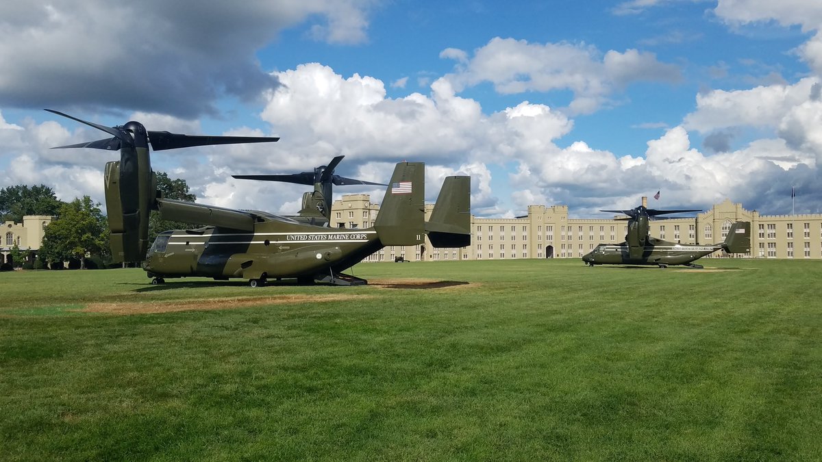 AVConnections's tweet photo. Sometimes our tech staff get to witness some pretty cool stuff while on a jobsite. For instance, watching 2 Marine Corps Osprey Aircraft show off their maneuvers! Of course, they also loved providing audiovisualsupport for @VPMikePence while he was at @VirginiaMilitaryInstitute. https://t.co/25S8W5BEoL