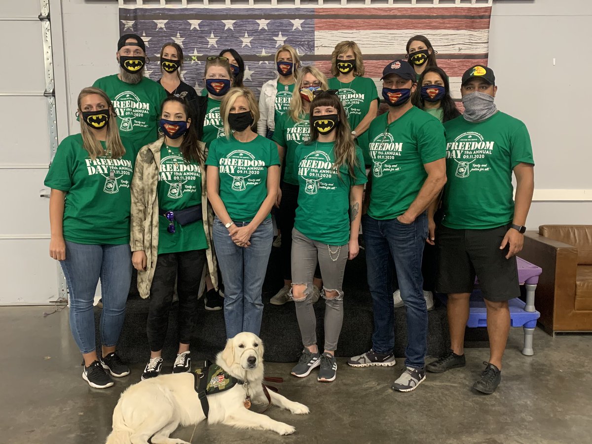 PatriotPAWS's tweet photo. Today, in honor of 9/11 National Day of Service and Remembrance, our friends from @BioworldMerch helped us with some Fall clean up and projects. We are grateful for their partnership with @GiveWisely this #FreedomDay 🐶❤️🇺🇸 #PatriotPAWS #ServiceDogs #CFT4B #NeverForget https://t.co/g3OAXlZKUu