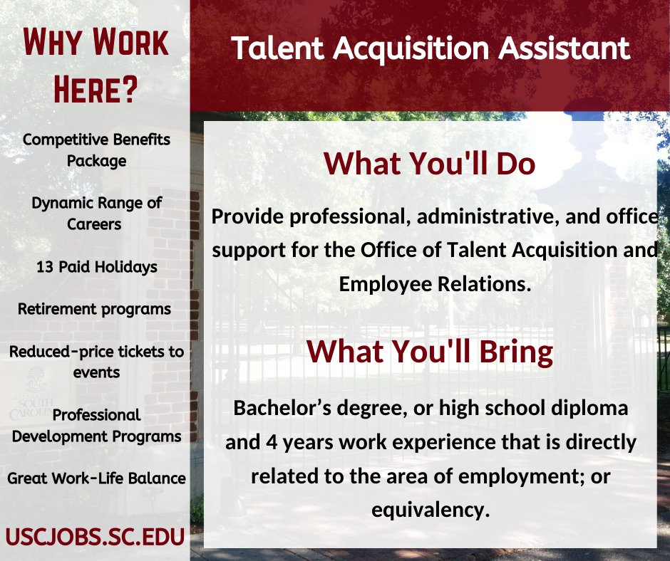 UofSCJOBS's tweet photo. Want to Join our team? The Office of Talent Acquisition is hiring a Talent Acquisition Assistant. Don’t let this opportunity pass you by!  Click below to learn more and apply!
https://t.co/sgp0Z8WzQi
#UofSC #UofSCJobs #Jobs #Gamecocks #Resume #Hiring #Employment #Columbia #SC https://t.co/BEYWAKbxxd