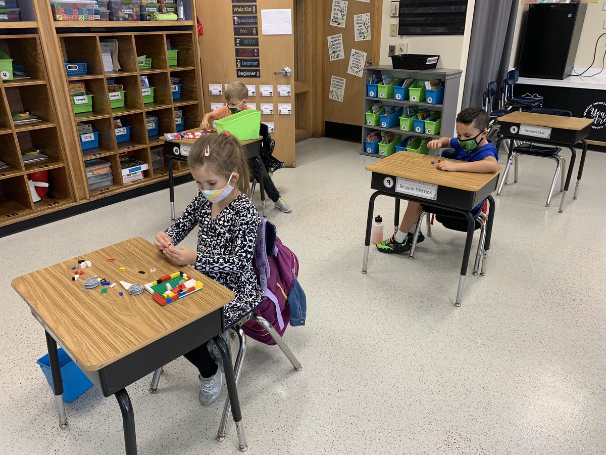 funfearless1st's tweet photo. After six lonely months this classroom came alive again this week! We might be #masked but the #distance won’t stop our learning and fun! #bvillebees @BCSDBEES https://t.co/9iI9QO1e1j