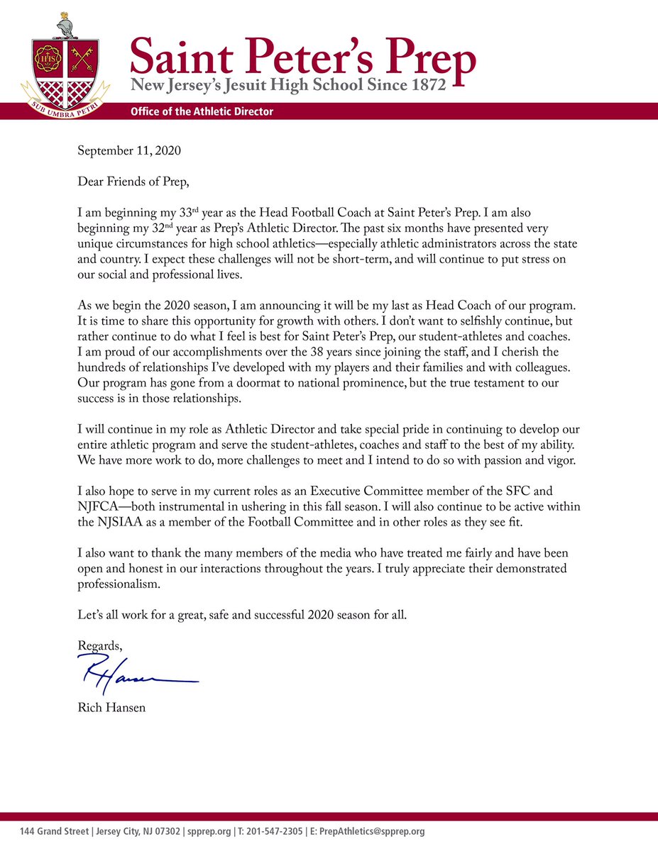spprep's tweet photo. BREAKING: Coach Rich Hansen has announced 2020 will be his last season as @sppfootball head coach. He will remain as AD, continuing to build on the tradition of excellence across Prep’s 19 sports. @SPPAthletics https://t.co/7m9EVUeSFL