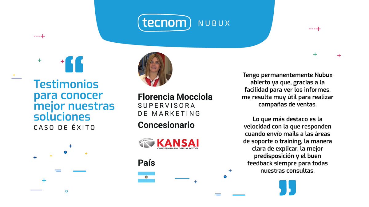 TecnomOk's tweet photo. Queremos destacar estas palabras de Florencia Mocciola, de @ToyotaKansai - Concesionario Oficial @Toyota_Arg, una de las ganadoras de los #PremiosTecnom para el uso de #NUBUX nuestro #SoftwareCRM para la #IndustriaAutomotriz.
¡Gracias por este testimonio! https://t.co/FCLt8erJVX