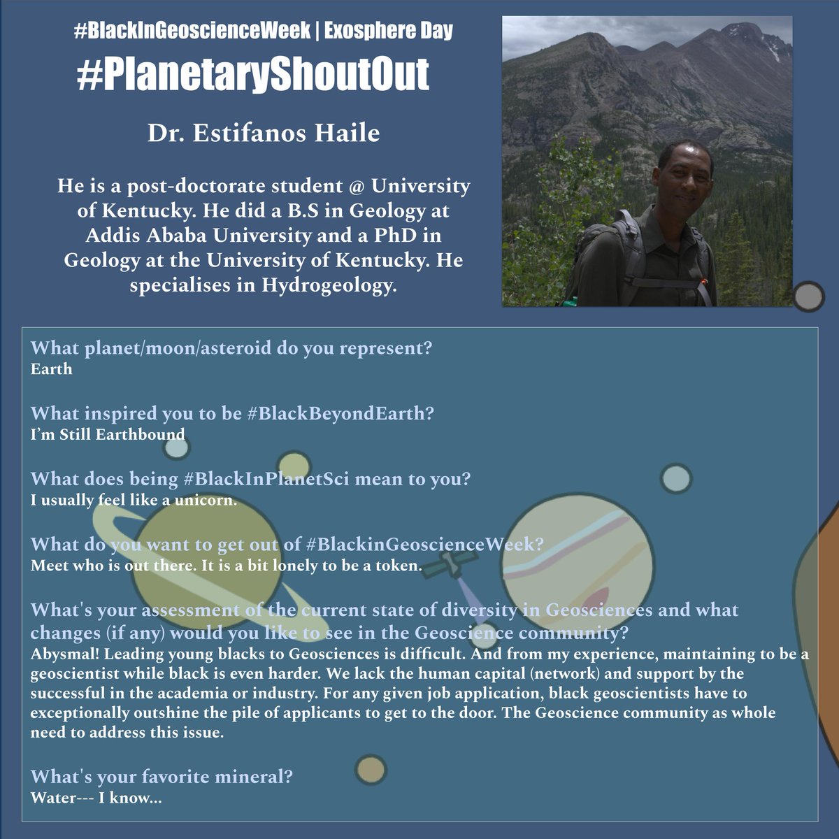 BlkinGeoscience's tweet photo. This #PlanetaryShoutOut goes out to @estifanos_haile! #BlackinGeoscienceWeek #BlackBeyondEarth #BlackInPlanetary #BlackAndNotEarthbound #BlackInAstroGeo #BlackInSpace #BlackInAstrogeology #BlackInPlanetSci https://t.co/gutBcatEig
