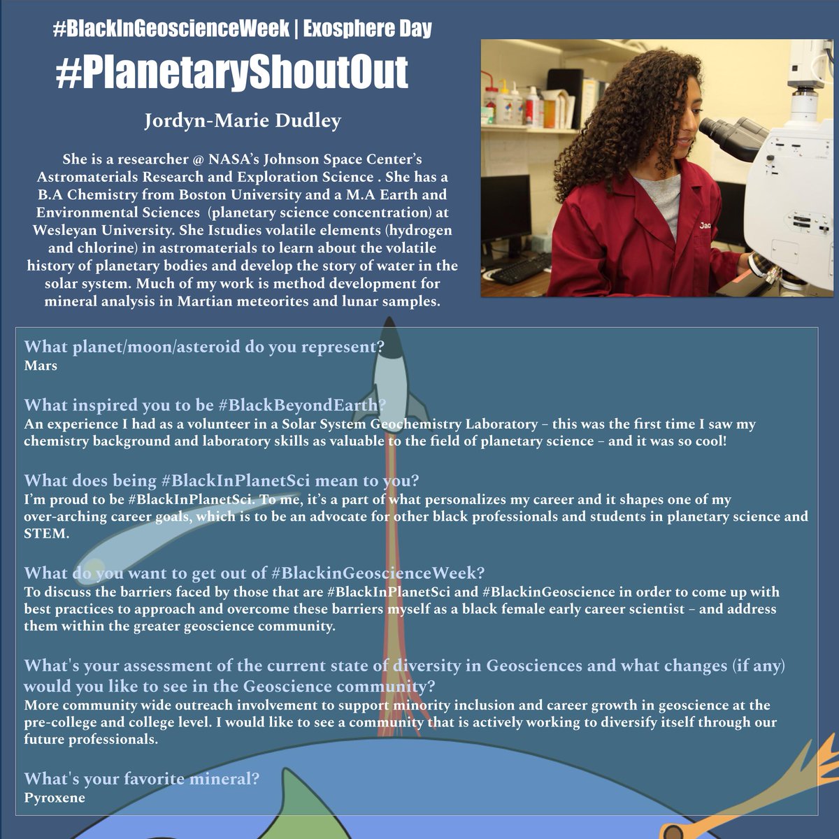 BlkinGeoscience's tweet photo. This #PlanetaryShoutOut goes out to Jordyn-Marie Dudley! #BlackinGeoscienceWeek #BlackBeyondEarth #BlackInPlanetary #BlackAndNotEarthbound #BlackInAstroGeo #BlackInSpace #BlackInAstrogeology #BlackInPlanetSci https://t.co/TJVxD2JXUV