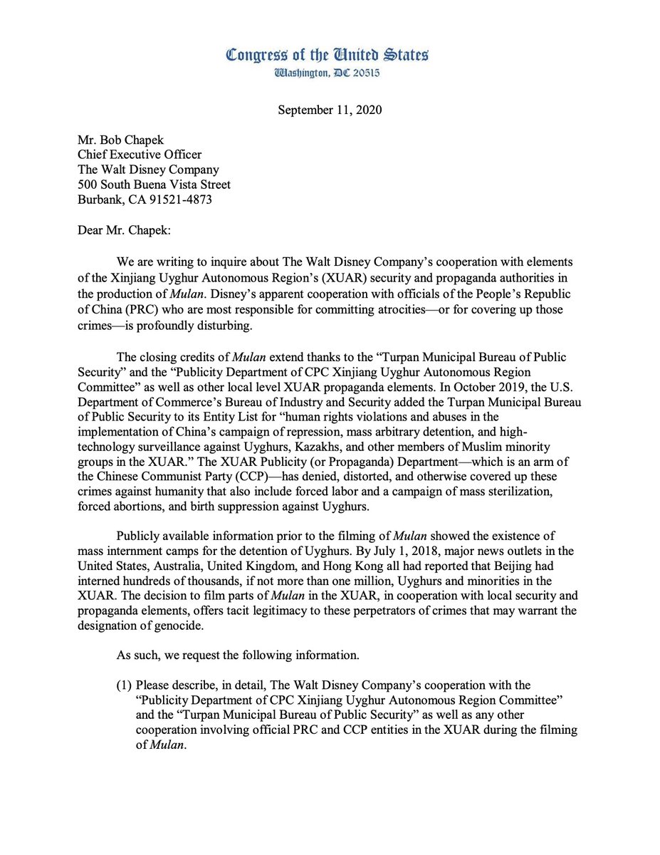 jeffreychngo's tweet photo. This is huge. A bipartisan, bicameral group of lawmakers in Congress just joined @marcorubio and sent a letter to @Disney C.E.O. Bob Chapek. They question the company’s decision to film #Mulan in #Xinjiang, where Muslim Uyghurs are locked in concentration camps. #BoycottMulan https://t.co/ExN71OeeG2