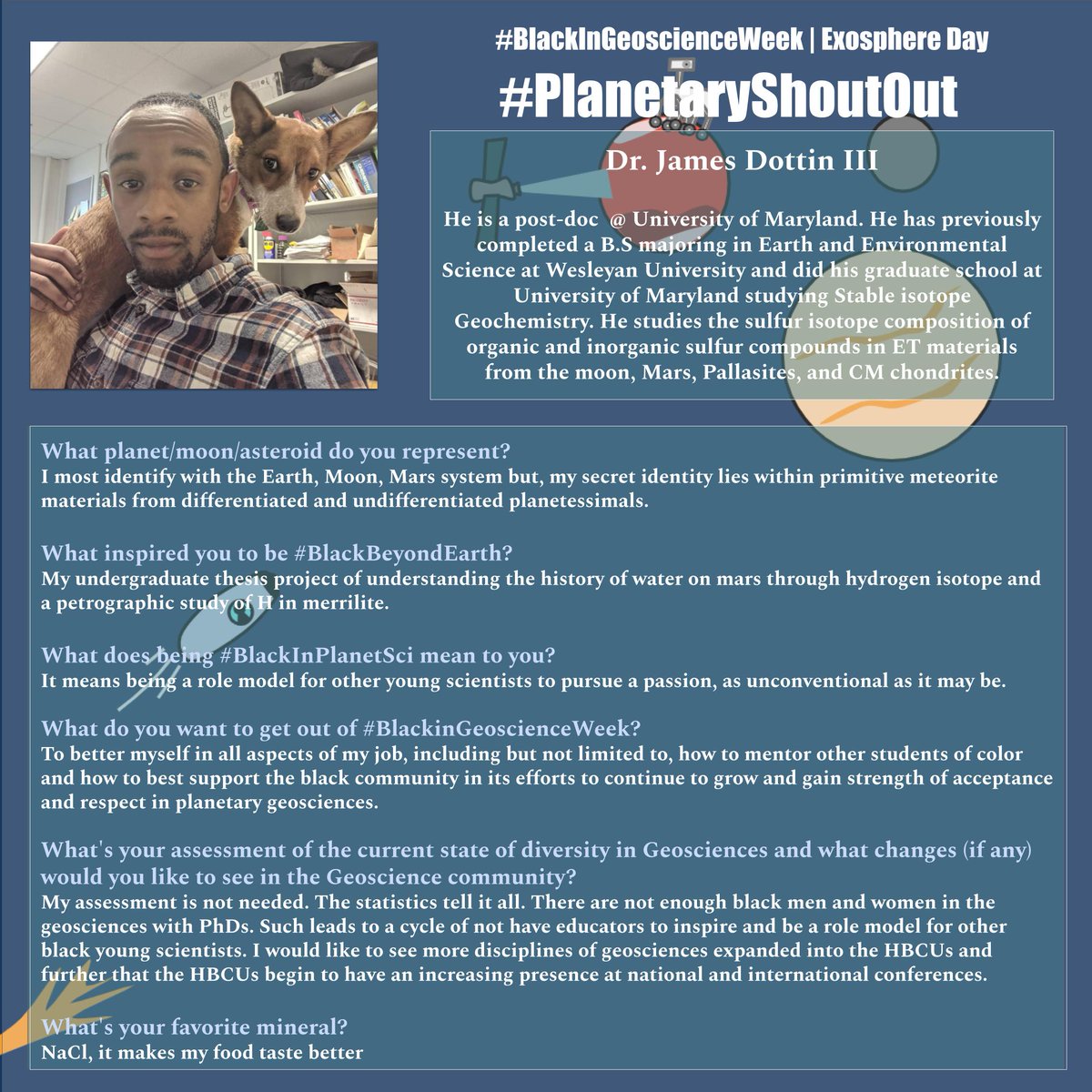 BlkinGeoscience's tweet photo. This #PlanetaryShoutOut goes out to Dr. James Dottin III! #BlackinGeoscienceWeek #BlackBeyondEarth #BlackInPlanetary #BlackAndNotEarthbound #BlackInAstroGeo #BlackInSpace #BlackInAstrogeology #BlackInPlanetSci https://t.co/NO0ZAztfZl