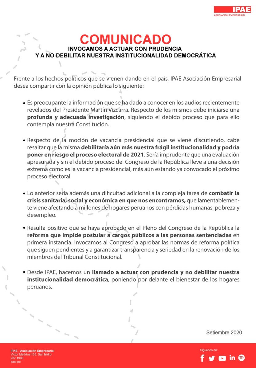 #Comunicado | Debido a los hechos políticos que se vienen dando en el país, <a href="/IPAEPERU/">IPAE Acción Empresarial</a> Asociación Empresarial hace un llamado a actuar con prudencia y a no debilitar nuestra institucionalidad democrática, poniendo por delante el bienestar de los peruanos.