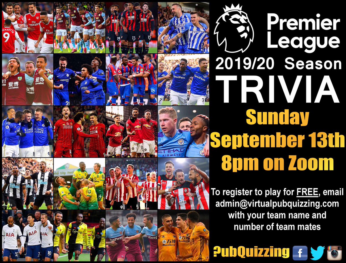 PubQuizzing's tweet image. The new #PremierLeague season is about to kick off, but how much do you remember about last season? Join us on Sunday 13th September at 8pm 🇺🇸 ET. Email admin@virtualpubquizzing.com to register with your team name and number of teammates #PremierLeagueTrivia