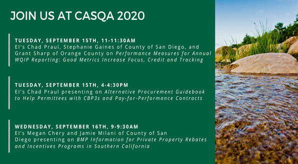 ChadPraul's tweet photo. Join EI at CASQA 2020 on Sept. 15-16 to envision the future of #stormwater. EI experts will lead sessions on #payforperformance, #CBP3, #rebates, #waterqualityreporting & more.#CASQATogether https://t.co/wtC1iU7KaN