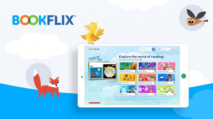 a cartoon ilustrated fox and owl near a large tablet displaying the Bookflix website
