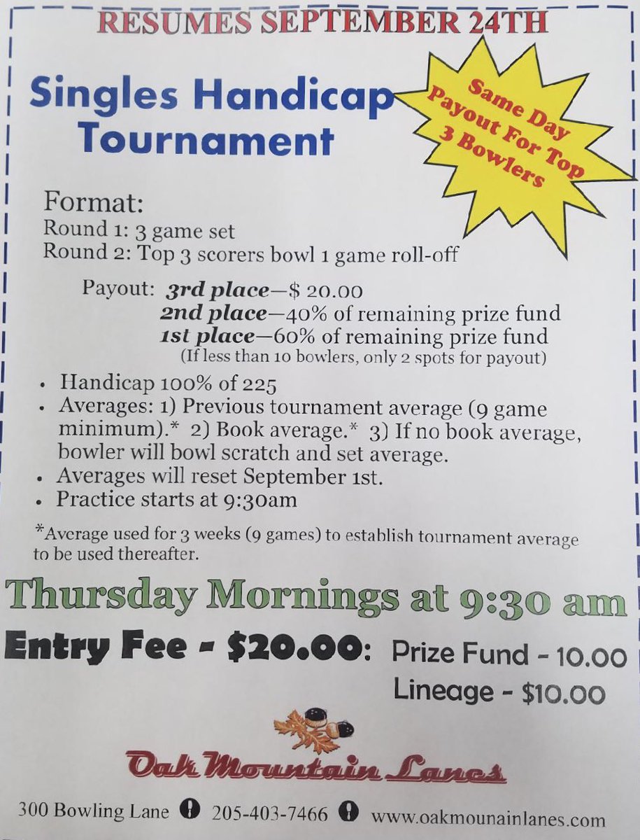 oakmtnlanes's tweet photo. We have received the same question over and over again these past few months: “When is the Thursday Morning Tournament coming back?” Wonder no more! Back by popular demand, the weekly Singles Handicap Tournament starts September 24th. We can’t wait to see you out on the lanes! https://t.co/HE6Yn909vm