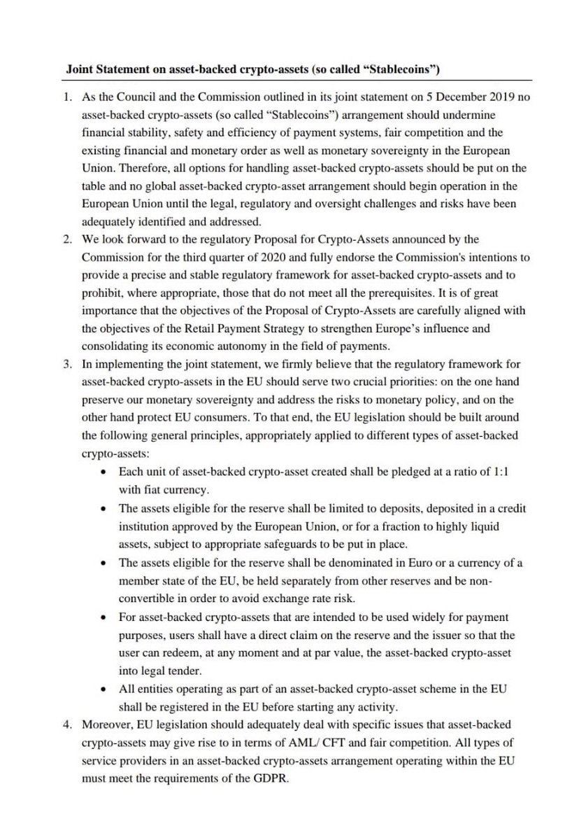 Es preciso establecer un marco regulatorio para #criptomonedas que proteja  la soberanía monetaria, la estabilidad financiera y a los consumidores.  Comparto la declaración suscrita por 🇪🇸 🇩🇪 🇫🇷 🇮🇹 🇳🇱 @olafscholz  @BrunoLeMaire @gualtierieurope ...