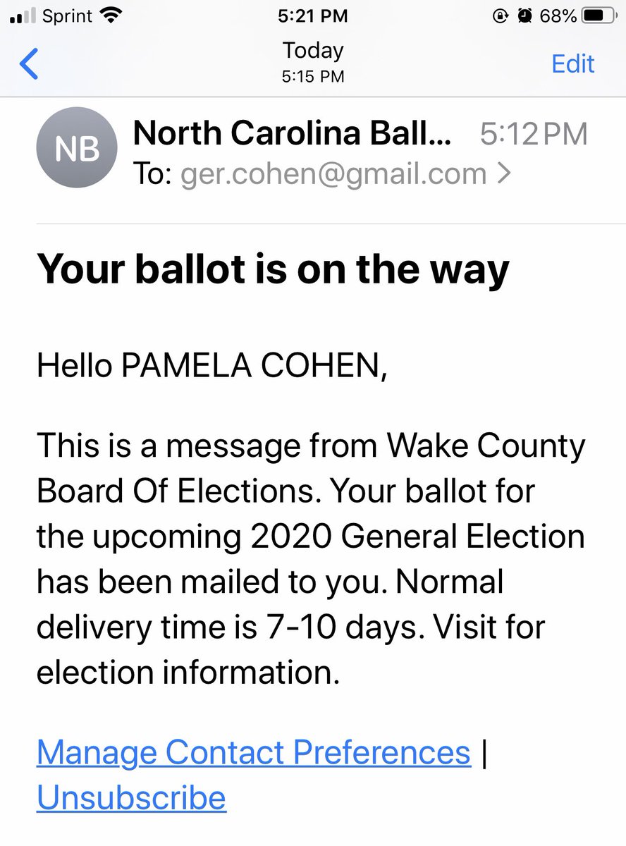 gercohen's tweet photo. And BallotTrax is live to track NC absentee ballots at https://t.co/OY3Wt0dn1e —spouse and I opted in for text/email/phone call and got all three just after 5pm today . Hers said ballot is on way and it in fact arrived here today! Says mine has been accepted #ncpol https://t.co/e1qjN6pTYz