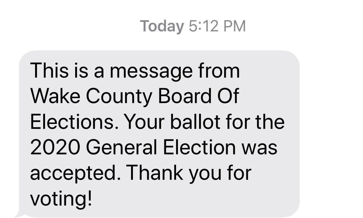 gercohen's tweet photo. And BallotTrax is live to track NC absentee ballots at https://t.co/OY3Wt0dn1e —spouse and I opted in for text/email/phone call and got all three just after 5pm today . Hers said ballot is on way and it in fact arrived here today! Says mine has been accepted #ncpol https://t.co/e1qjN6pTYz