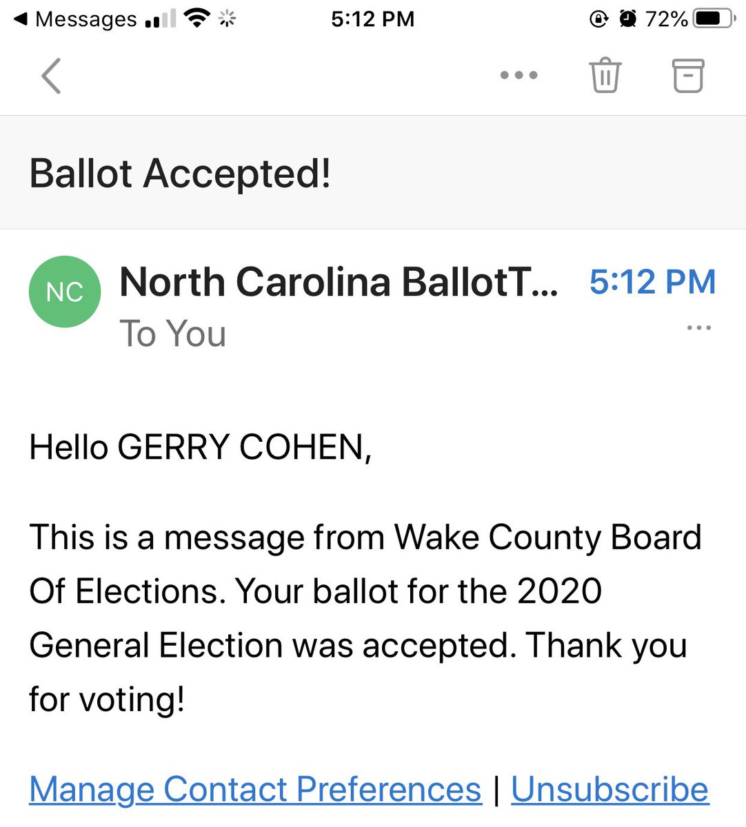 gercohen's tweet photo. And BallotTrax is live to track NC absentee ballots at https://t.co/OY3Wt0dn1e —spouse and I opted in for text/email/phone call and got all three just after 5pm today . Hers said ballot is on way and it in fact arrived here today! Says mine has been accepted #ncpol https://t.co/e1qjN6pTYz