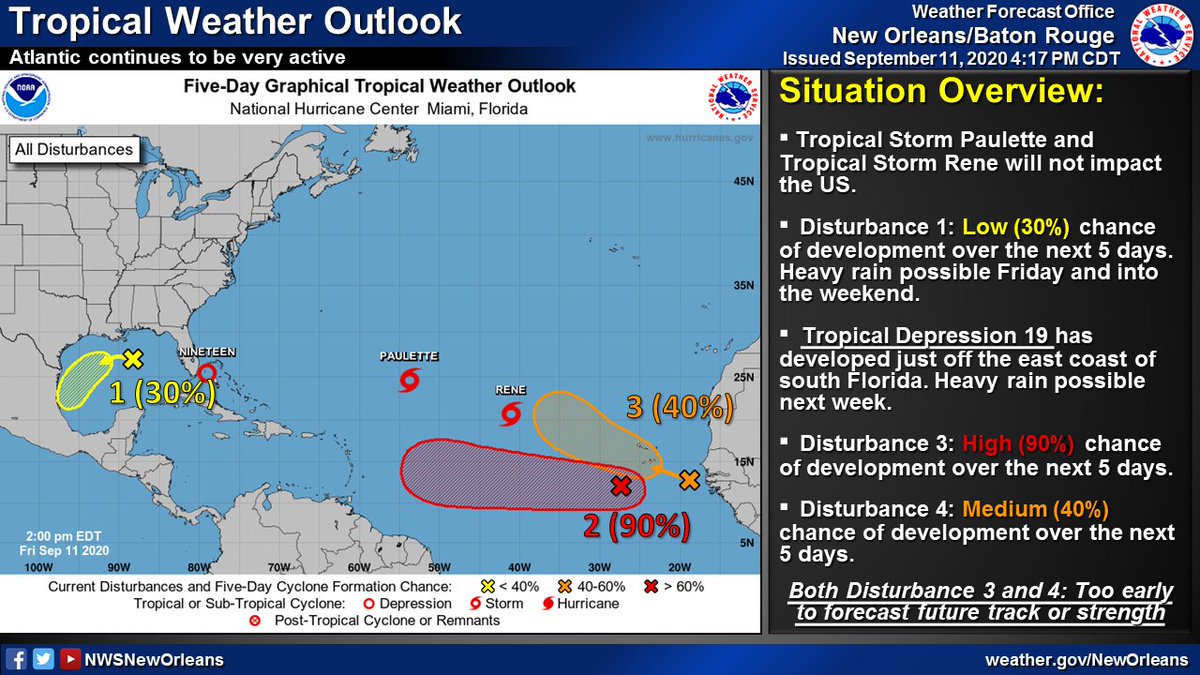 NWSNewOrleans's tweet photo. 🌀 Here's the latest 4PM CDT update on the Tropics: We now have TD #Nineteen in the W Bahamas. This system has the potential to impact our area beginning early next week - and thru the middle part of next week. See graphic for details. More updates to come. #lawx #mswx https://t.co/rGzanzeSnk
