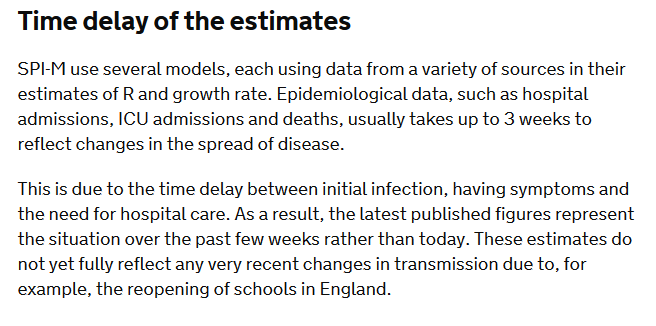 It's described here  https://www.gov.uk/guidance/the-r-number-in-the-uk - includes the *significant* caveat that SAGE's estimate of R is the situation 'over the last few weeks': "These estimates do not yet fully reflect any very recent changes in transmission due to, for example, the reopening of schools"