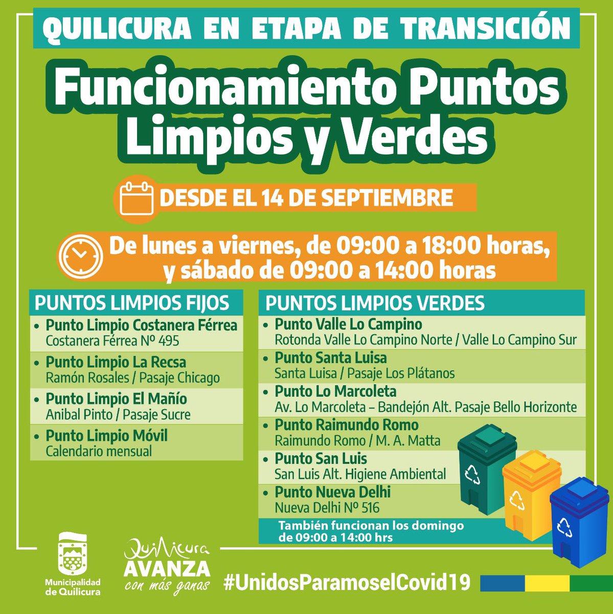 muniquilicura's tweet photo. 🟢 FUNCIONAMIENTO DE PUNTOS LIMPIOS EN ETAPA DE TRANSICIÓN 🟢

🔸 Durante la Fase 2 del Plan de Desconfinamiento - que comienza el próximo lunes 14 de septiembre- nuestros Puntos Limpios y Verdes operarán de lunes a viernes, de 09 a 18 horas, y sábado de 09 a 14 horas. https://t.co/z52h0dgbTm