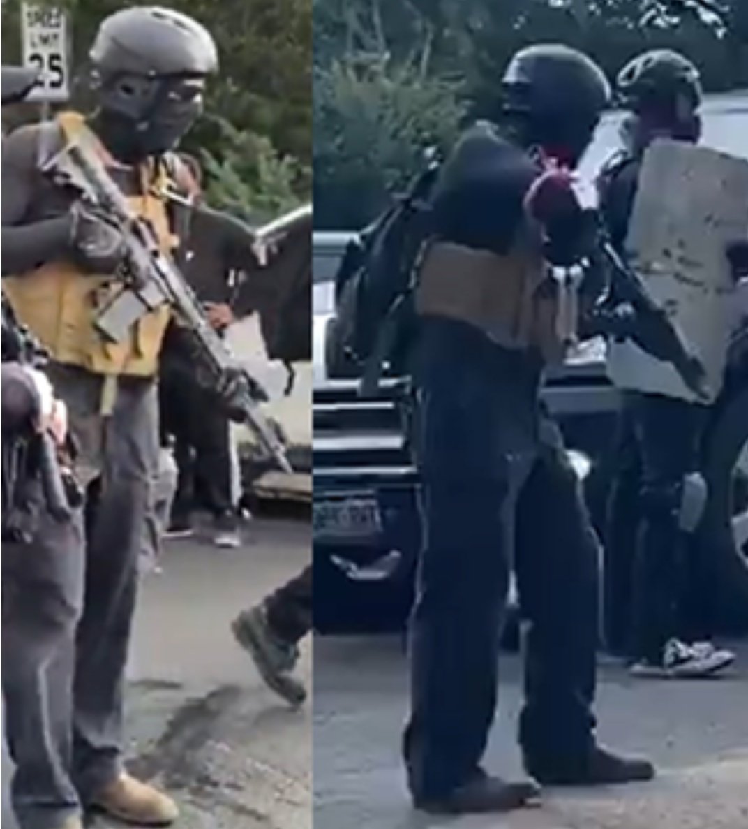 coangelaramirez's tweet photo. These two came heavily armed to a "peaceful protest" outside a Colorado Springs police officer's home.

@CSPDPIO is trying to identify the  individuals. 

The officer targeted was involved in the #DevonBailey case.

#Colorado #ColoradoSprings #NotAntifa #AbolishThePolice #Denver https://t.co/DMCoEvLe2P