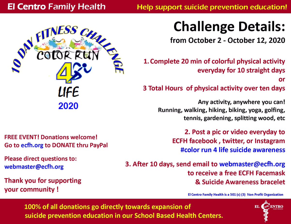 Are you up for a challenge? Want to show support for your community with a cool ECFH facemask Join our virtual fitness challenge!
complete a physical activity for 20 min every day, post it to your FB, Twt, or IG using #colorrun4life #suicideawareness 

Show us what you got! 💪