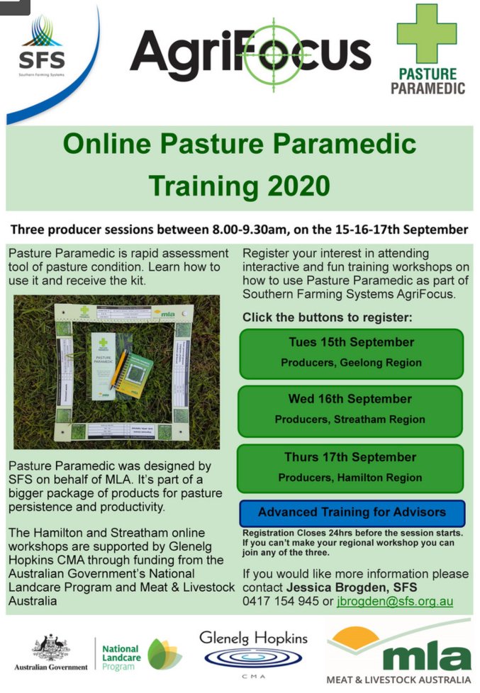 #PastureParamedic is a rapid assessment tool of pasture condition. Receive the kit &amp; learn how to use it during #AgriFocus2020 

Online sessions:
➡️ Tues 15 Sept 8-9.30am
➡️ Wed 16 Sept 8-9.30am
➡️ Thurs 17 Sept 8-9.30am

Register: bit.ly/2F4M5HL 
<a href="/meatlivestock/">Meat & Livestock Australia</a>