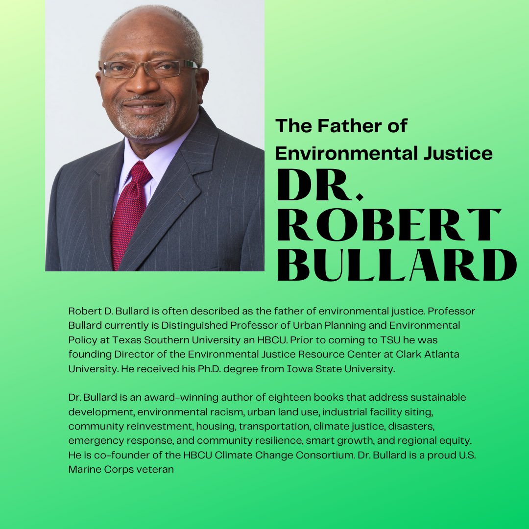 HUEnvironmental's tweet photo. Our spotlight 💡 is on Dr. Robert Bullard. He is the most prominent HBCU environmental leader (aka Father of EJ) &amp; has taught at two HBCUs: Texas Southern University + Clark Atlanta University. His book, ‘The Wrong Complexion for Protection’ is on disparate disaster management . https://t.co/XwvcvxyLWm