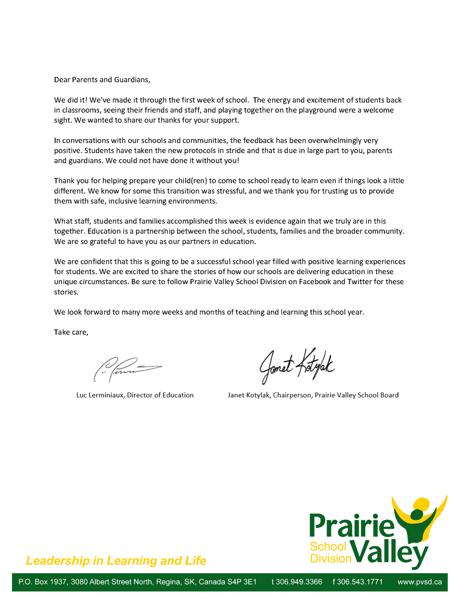 A message to families from our Director and Board Chair. 
It's been an incredibly successful first week back and we could not have done it without your support. Thank you! #weareinthistogether #PVSDproud